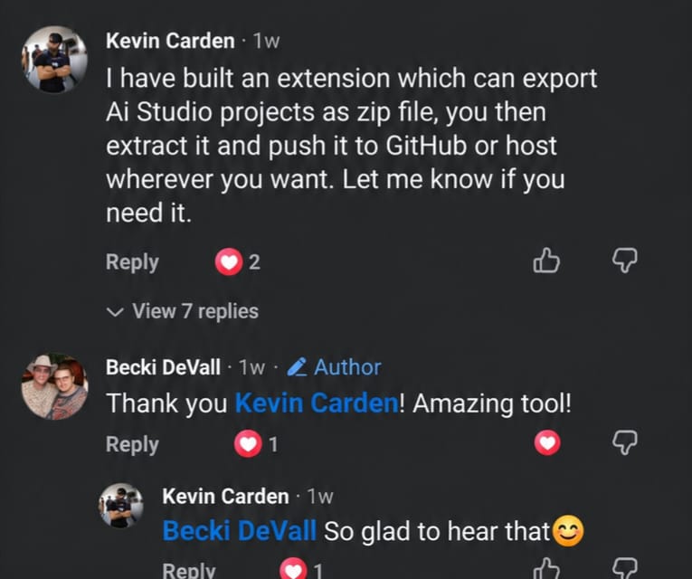Screenshot of a community comment thread where a user thanks UnVault's creator, calling it an amazing tool
